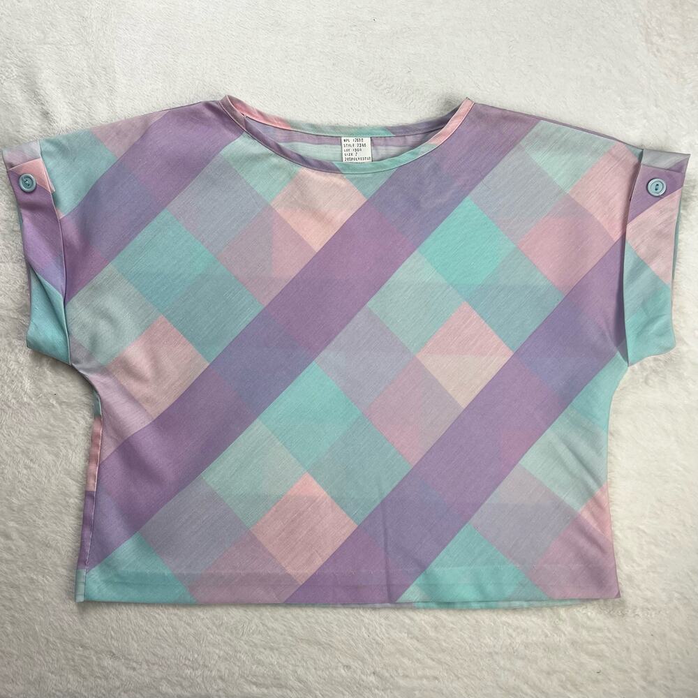 Vintage 1980’s pastel Argyle women’s crop top blouse Size 7 Small-medium